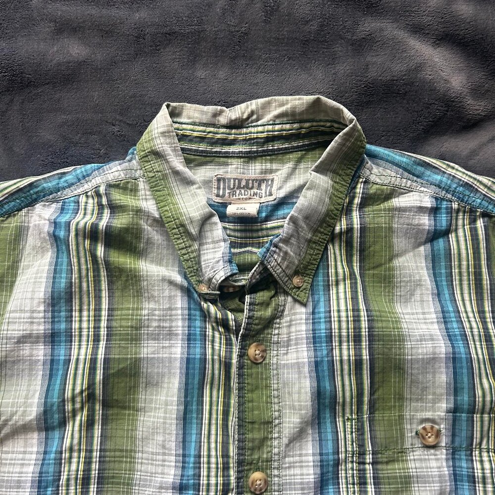 Duluth Trading Co Short Sleeve Shirt 2XL Green Blue Stripe